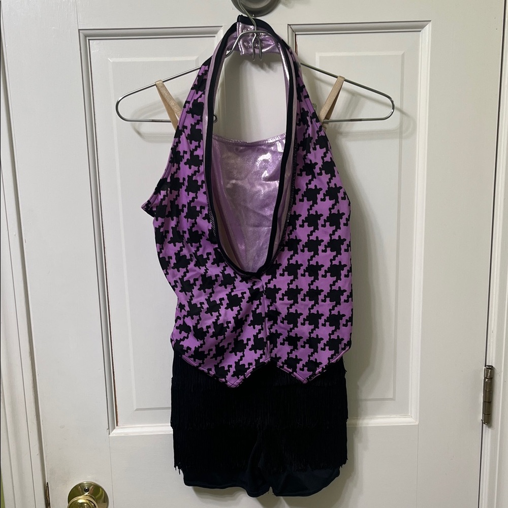 Purple/Black Houndstooth Halter Top Bodysuit Boy Short Fringe Dance Jazz Costume